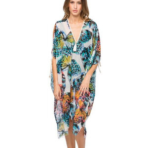 Pool To Party Open Shoulder Swim Cover Up Kimono Butterfly Garden Women One Size
